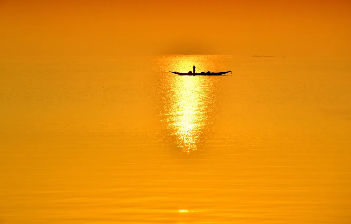 Photo wallpaper sea, the sky, reflection, boat