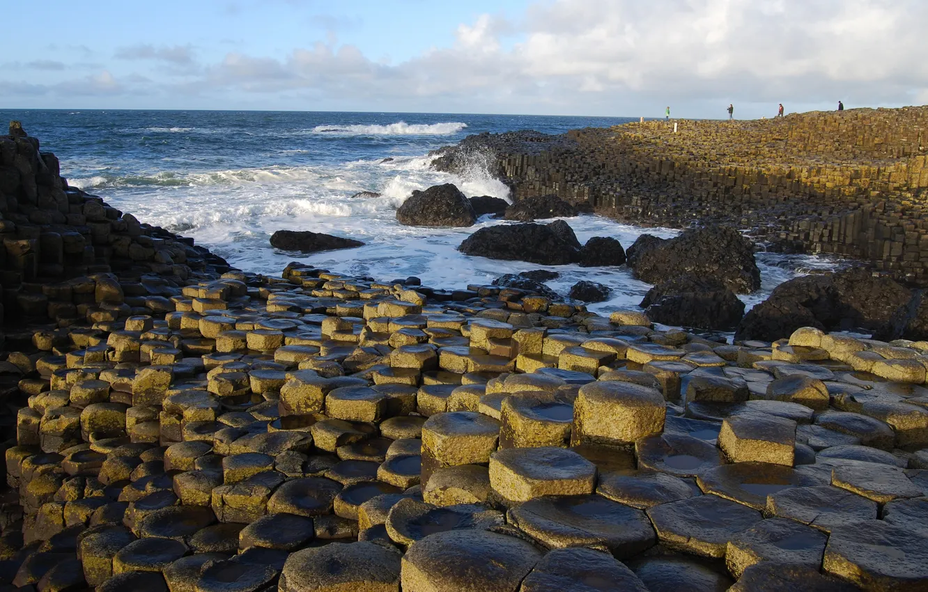 Photo wallpaper sea, wave, the sky, clouds, stones, rocks, people