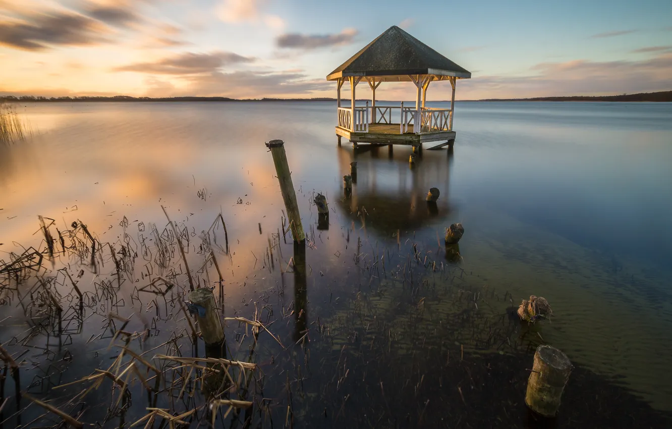 Photo wallpaper landscape, sunset, nature, lake, gazebo