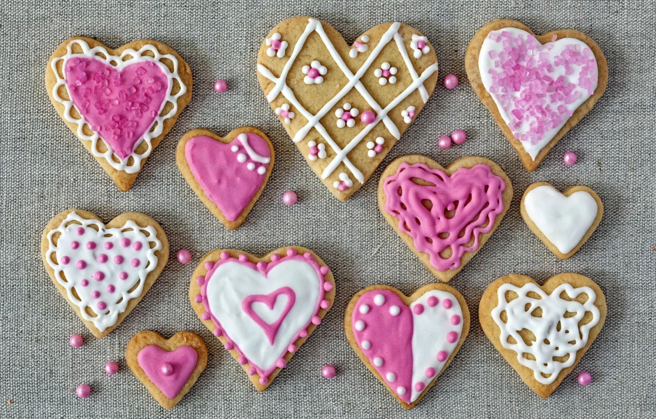 Photo wallpaper holiday, cookies, hearts, love, Valentine, pink, cakes, hearts