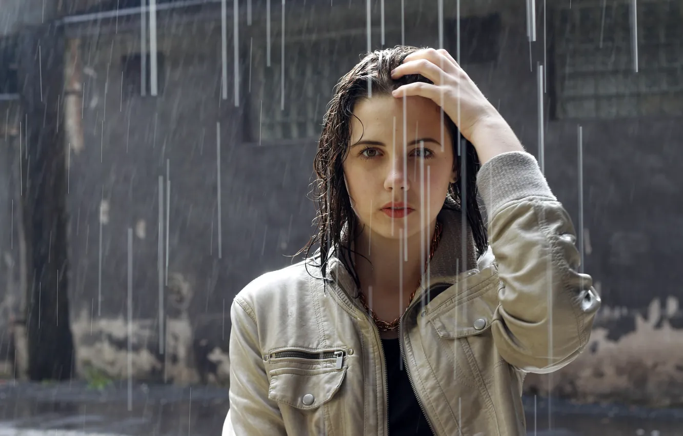 Photo wallpaper girl, rain, jacket, wet hair