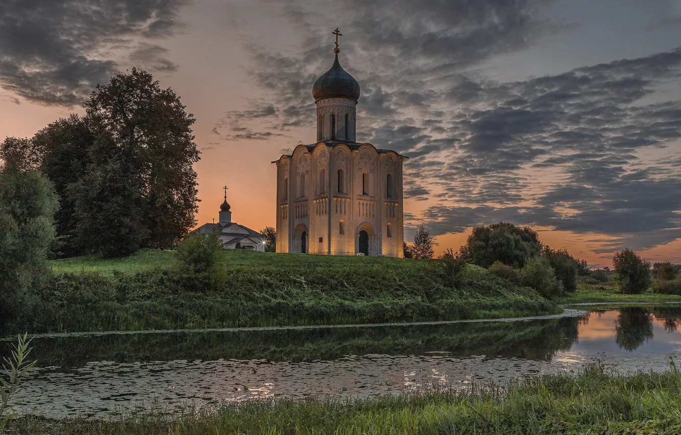 Photo wallpaper landscape, nature, river, the evening, Church, Nerl, The Church Of The Intercession, Elena Guseva