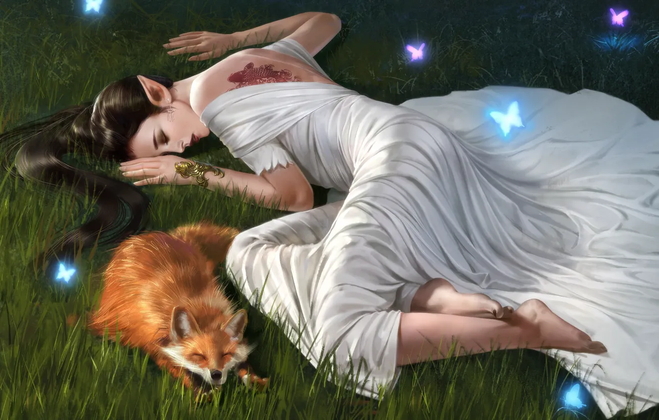 Photo wallpaper girl, fiction, butterfly, elf, sleep, fox, Fox