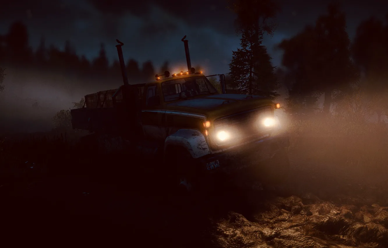 Photo wallpaper HDR, Clouds, Wood, Lights, Night, Truck, Game, Michigan