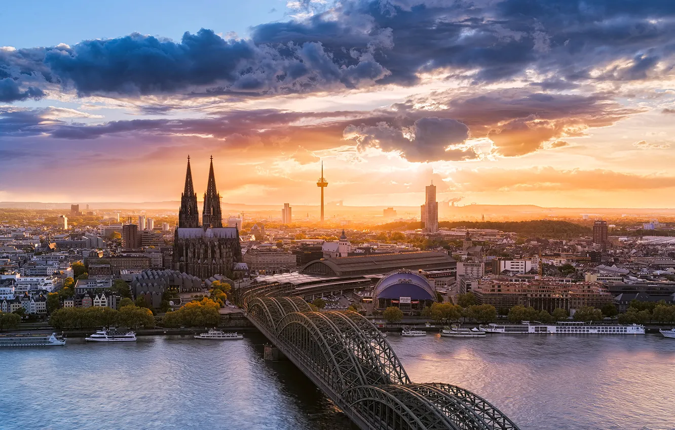 Photo wallpaper the sky, clouds, bridge, the city, river, Germany, Cologne Cathedral, Cologne
