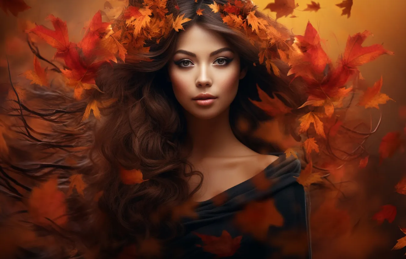 Photo wallpaper autumn, look, girl, face, pose, foliage, makeup, image