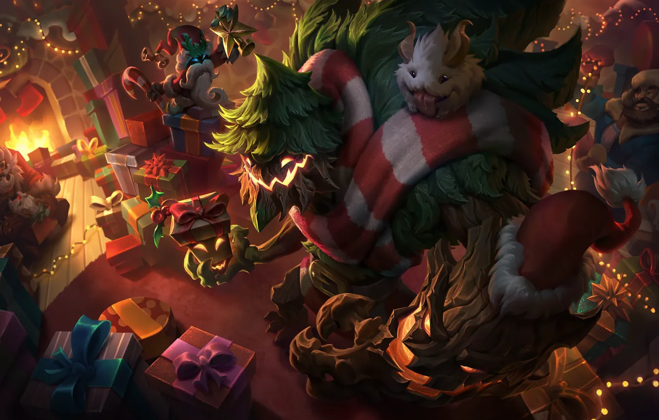 Photo wallpaper Christmas, creatures, gifts, New year, fireplace, League Of Legends, Maokai