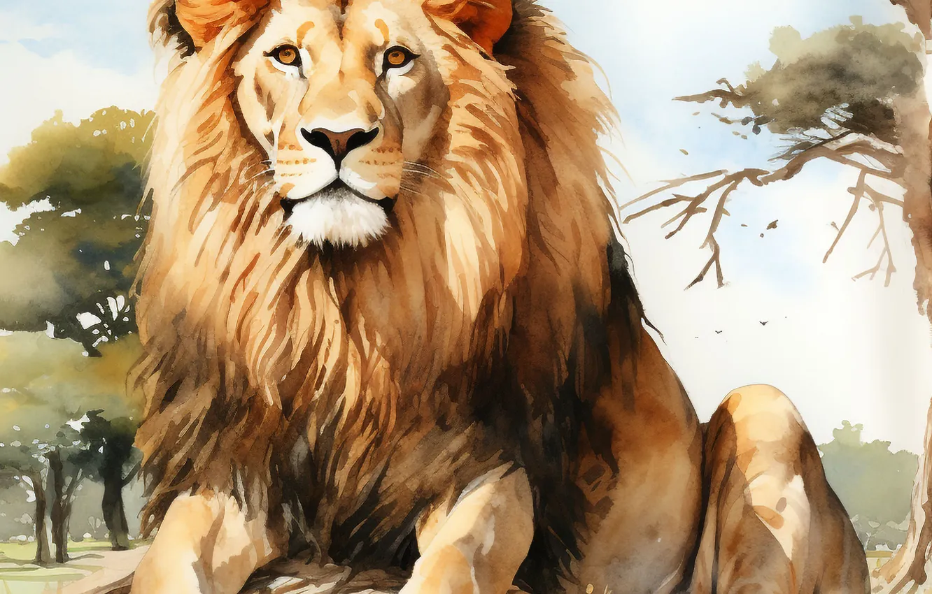 Photo wallpaper look, face, trees, predator, Leo, art, big cat, digital art