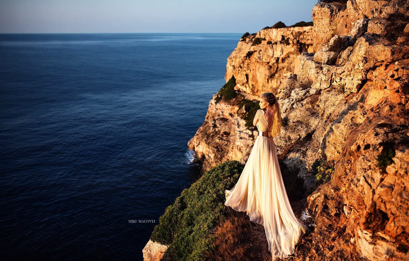 Photo wallpaper sea, girl, the sun, pose, rocks, dress, Miki Macovei Come With