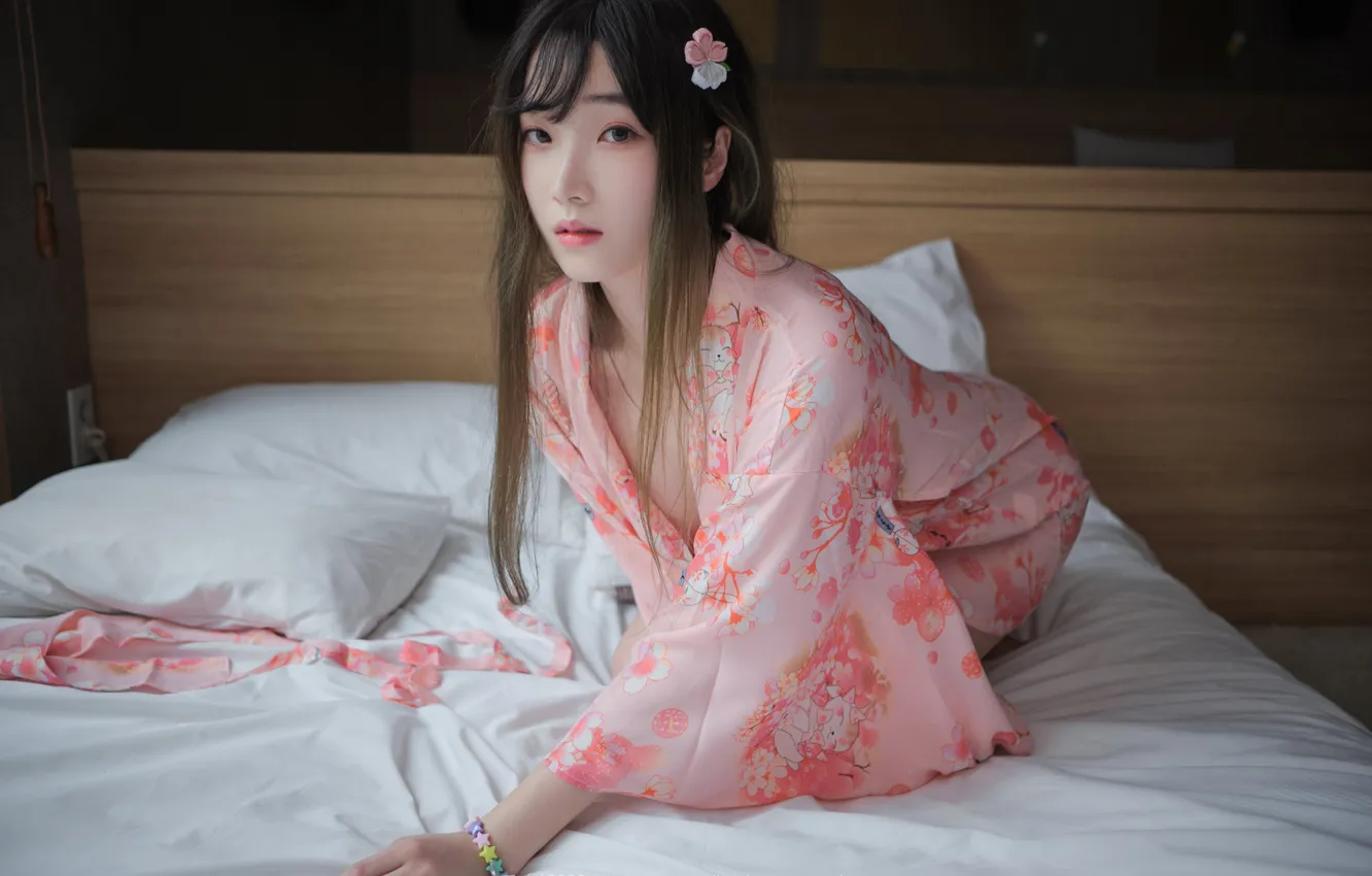 Photo wallpaper look, pose, model, portrait, pillow, makeup, dress, brunette