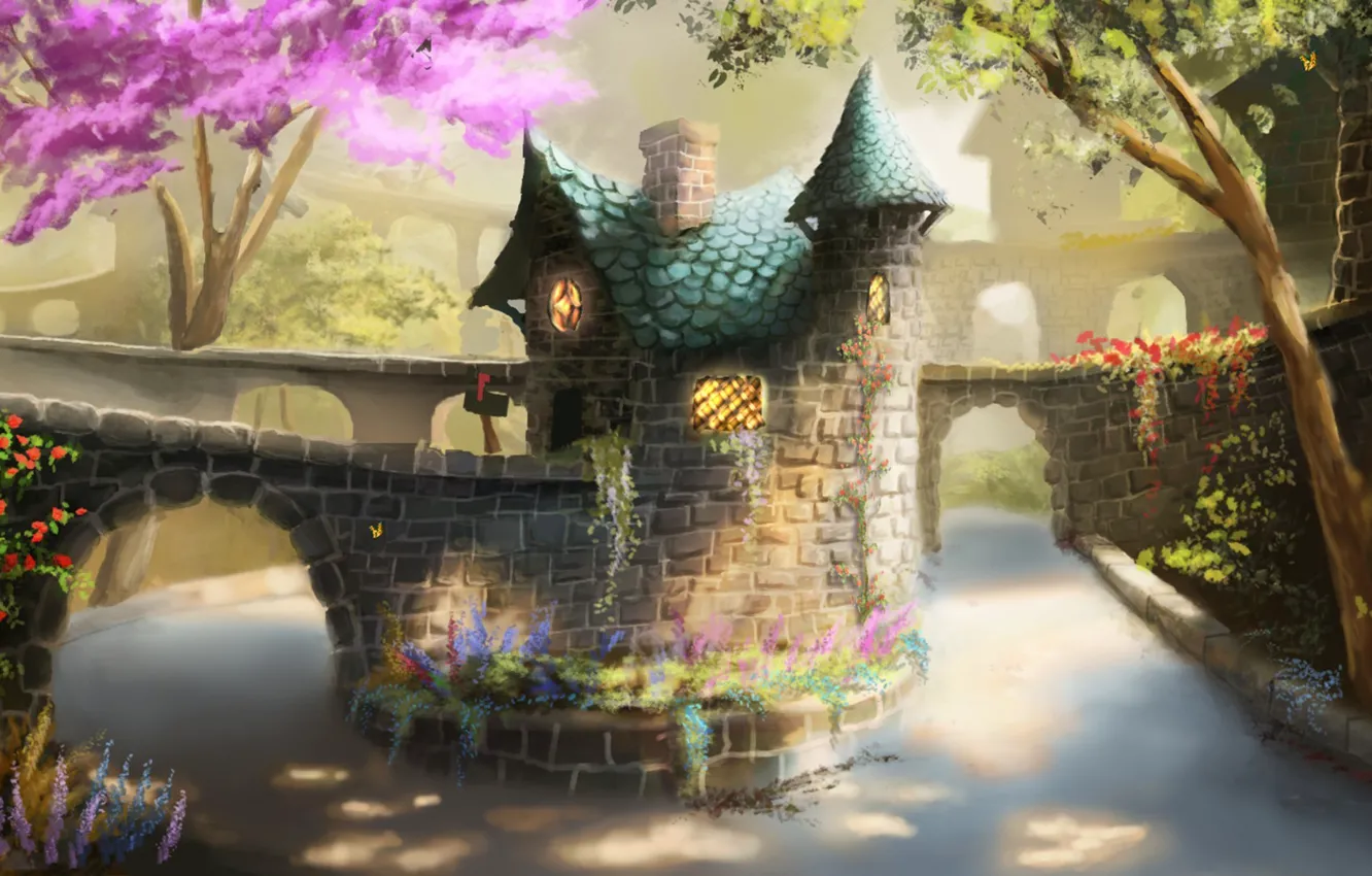 Photo wallpaper light, trees, bridge, river, pipe, arch, house, flowering