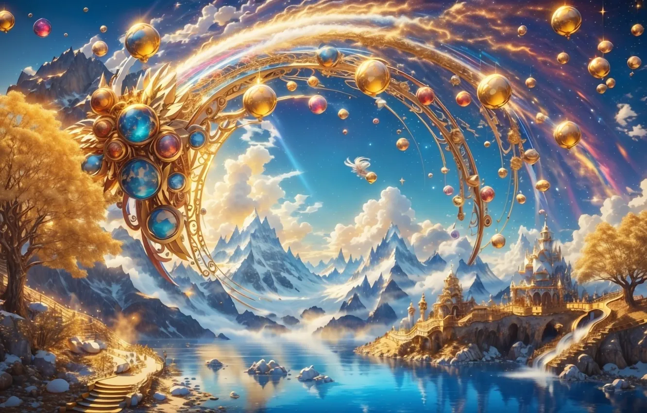 Photo wallpaper winter, the sky, clouds, snow, decoration, mountains, castle, gold