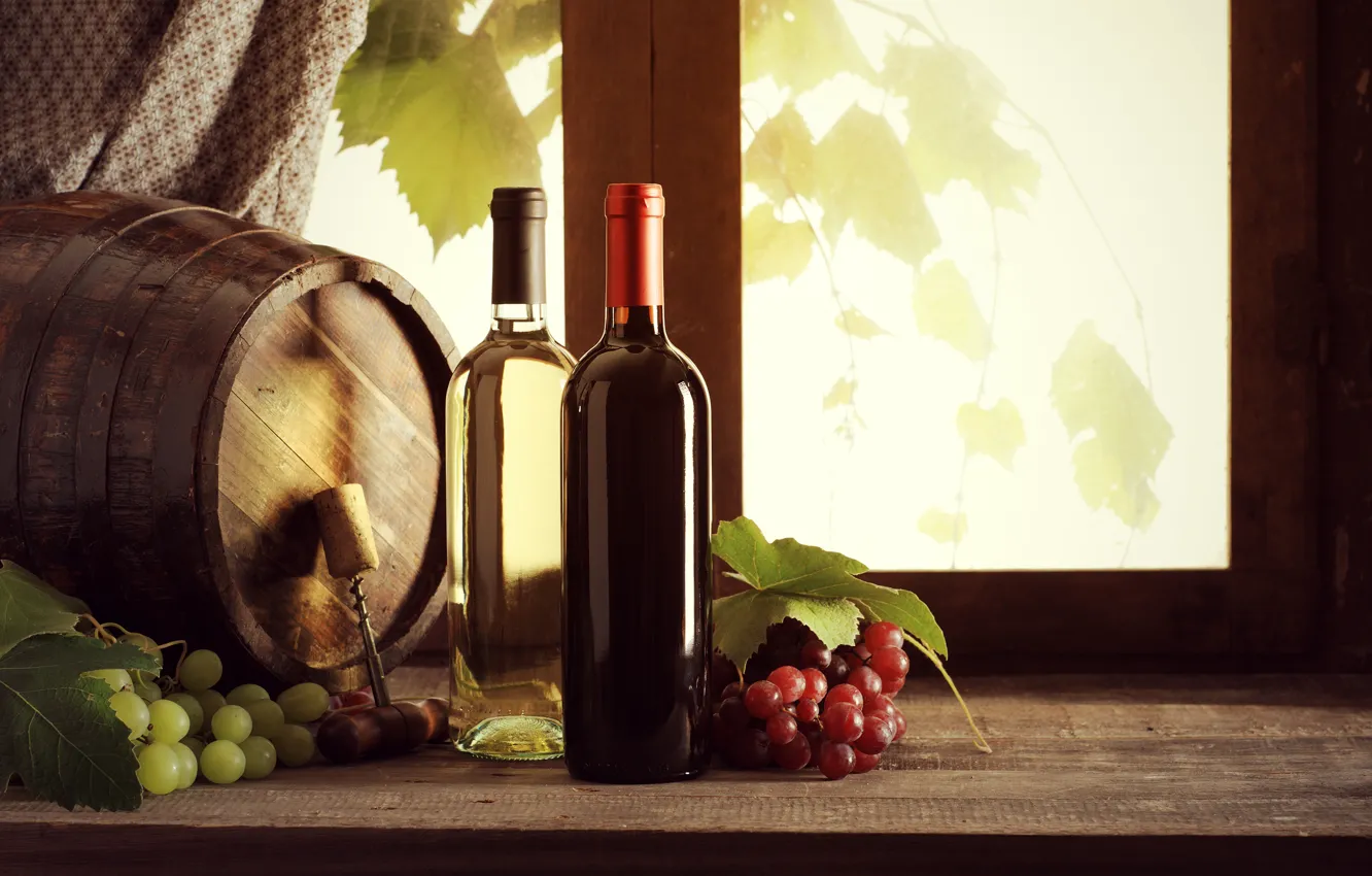 Photo wallpaper leaves, wine, bottle, window, grapes, tube, sill, corkscrew