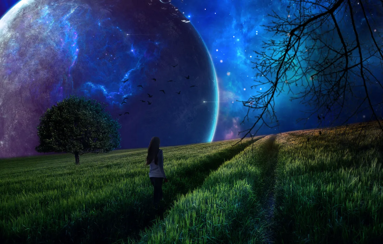 Photo wallpaper girl, space, landscape, nature, background, planet, sleep, galaxy
