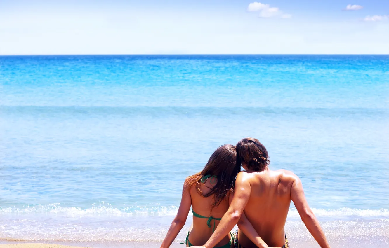 Photo wallpaper sea, beach, girl, the sun, pair, guy, relationship, Pair