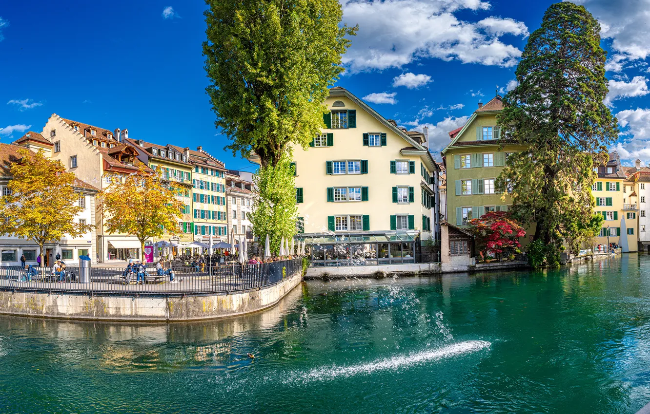 Photo wallpaper clouds, river, home, Switzerland, panorama, Luzern