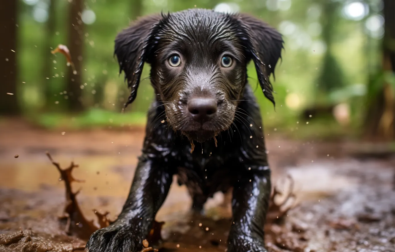 Photo wallpaper look, water, dog, dirt, puppy, face, front, digital art