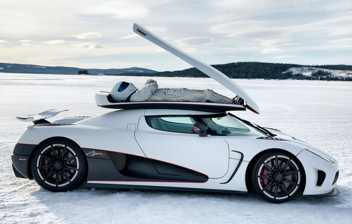 Photo wallpaper white, the sky, snow, Koenigsegg, Top Gear, supercar, side view, The Stig