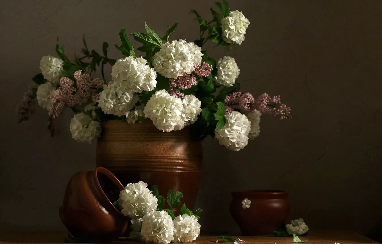 Photo wallpaper flowers, table, bouquet, pot, pink, white, still life, lilac