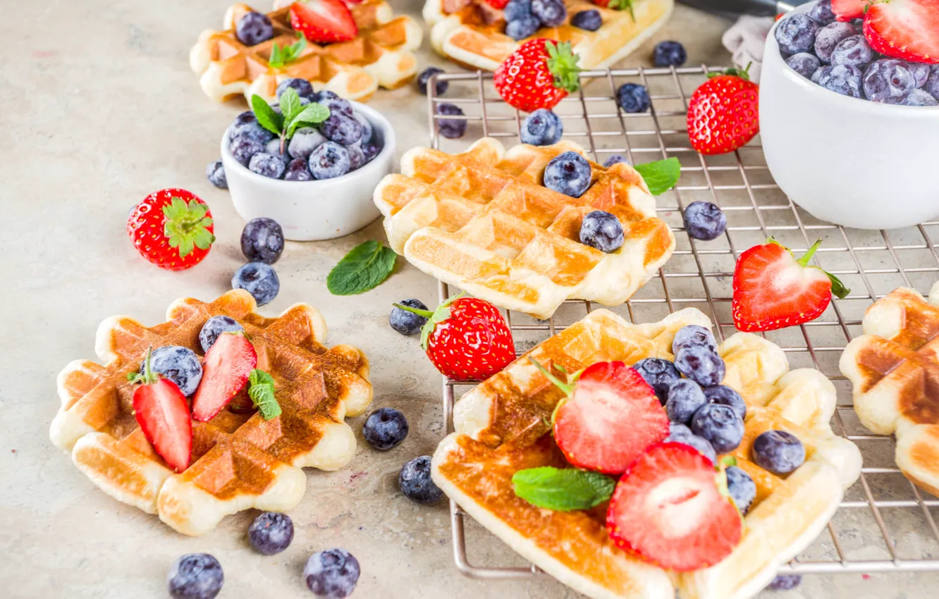 Photo wallpaper berries, waffles, powdered sugar