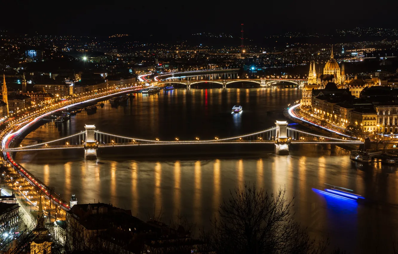Photo wallpaper night, bridge, lights, river, home, Hungary, Budapest