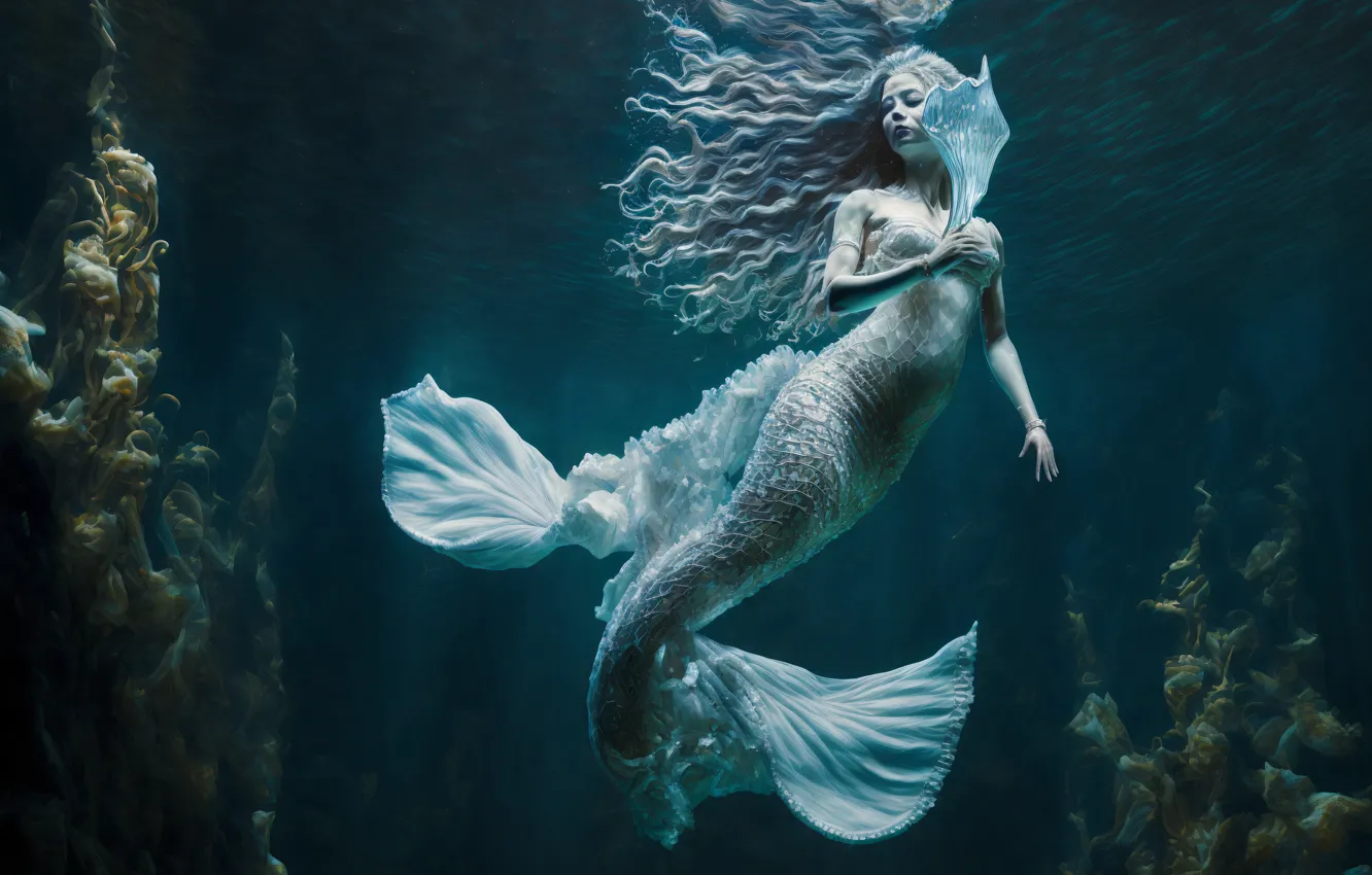 Photo wallpaper water, girl, hair, mermaid, tail, underwater world