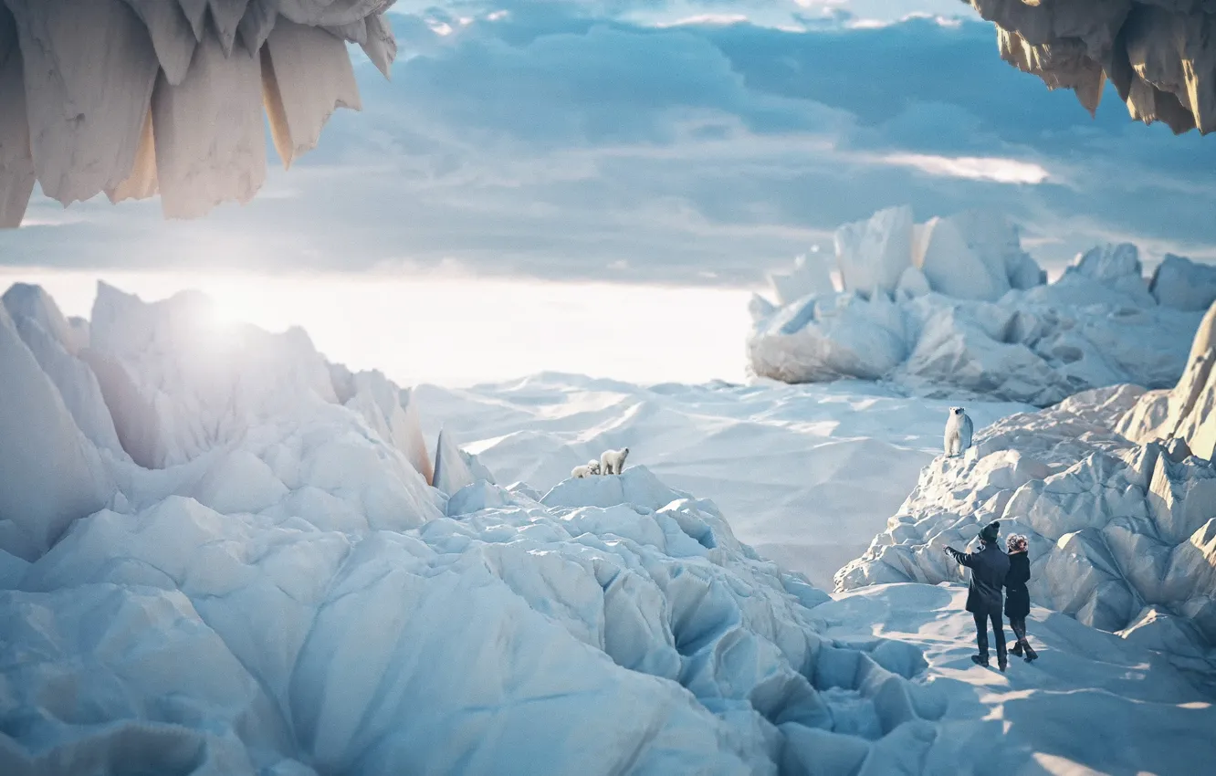 Photo wallpaper ice, girl, snow, guy, polar bears, Winter is coming