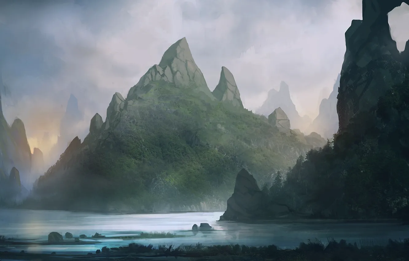 Photo wallpaper water, landscape, mountains, lake, river, rocks, art, blinck