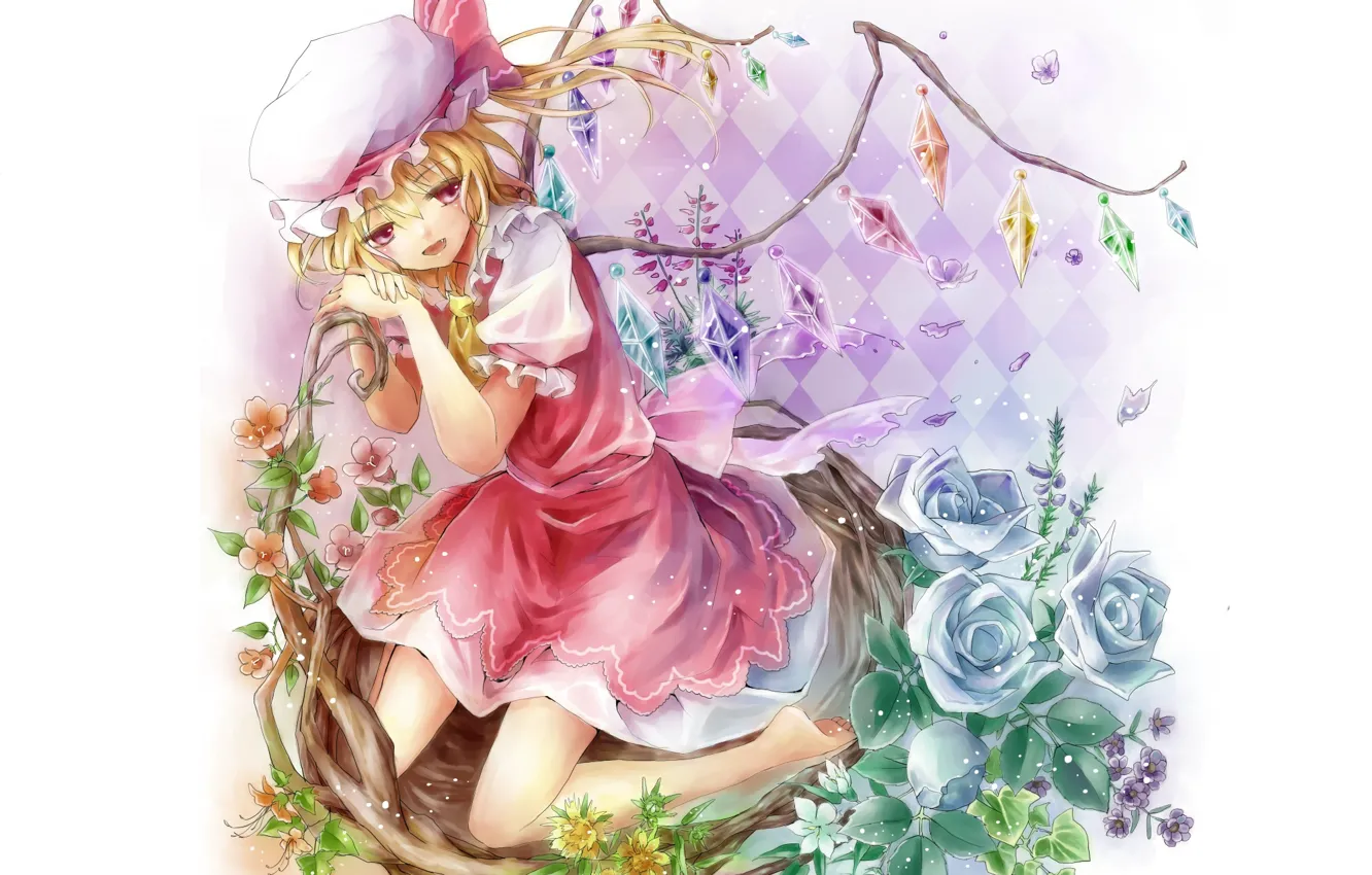 Photo wallpaper wings, socket, white background, crystals, cap, on my knees, blue roses, barefoot