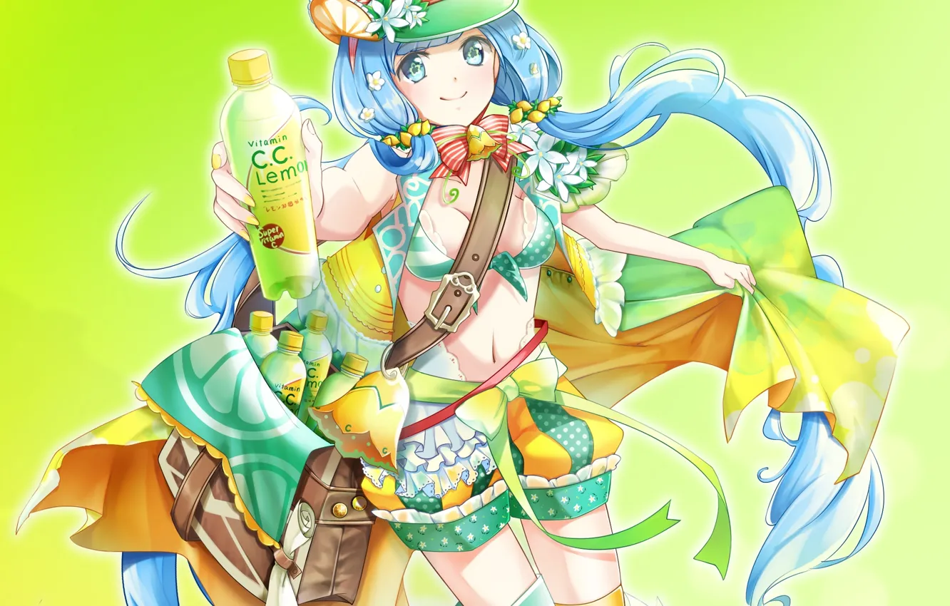 Photo wallpaper water, girl, flowers, bottle, anime, art, cap, bag