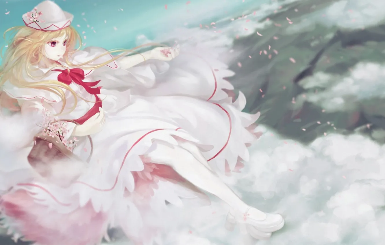 Photo wallpaper the sky, girl, clouds, basket, height, Sakura, art, basket