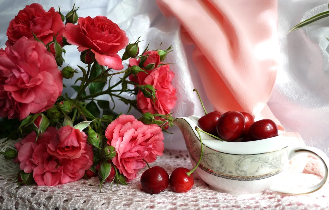 Photo wallpaper summer, flowers, cherry, berries, roses, shawl
