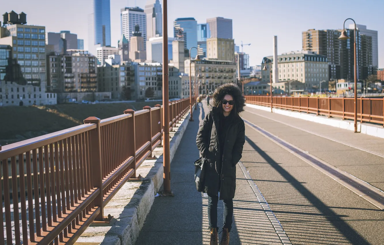 Photo wallpaper road, girl, bridge, smile, clothing, brunette, glasses