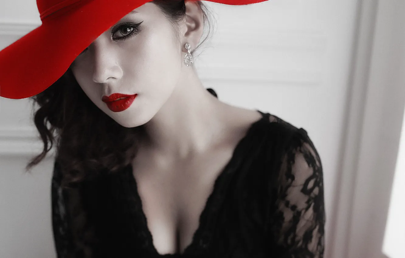Photo wallpaper eyes, look, girl, face, style, hat, lipstick
