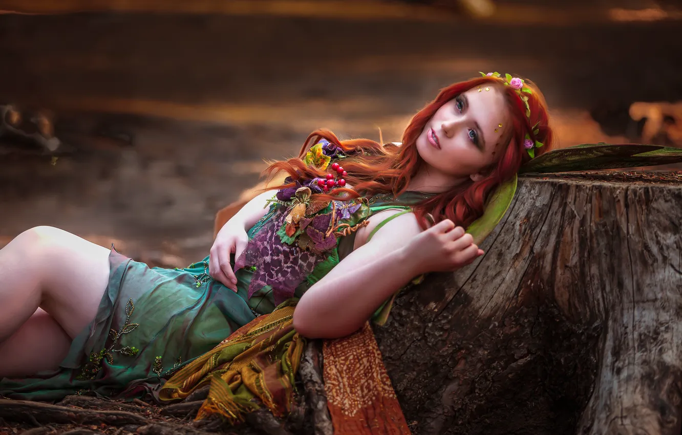 Photo wallpaper girl, stump, outfit, lies, redhead