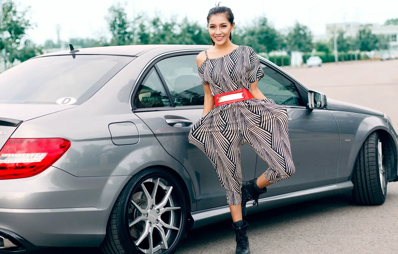Photo wallpaper look, smile, Girls, belt, Mercedes, Asian, beautiful girl, grey car