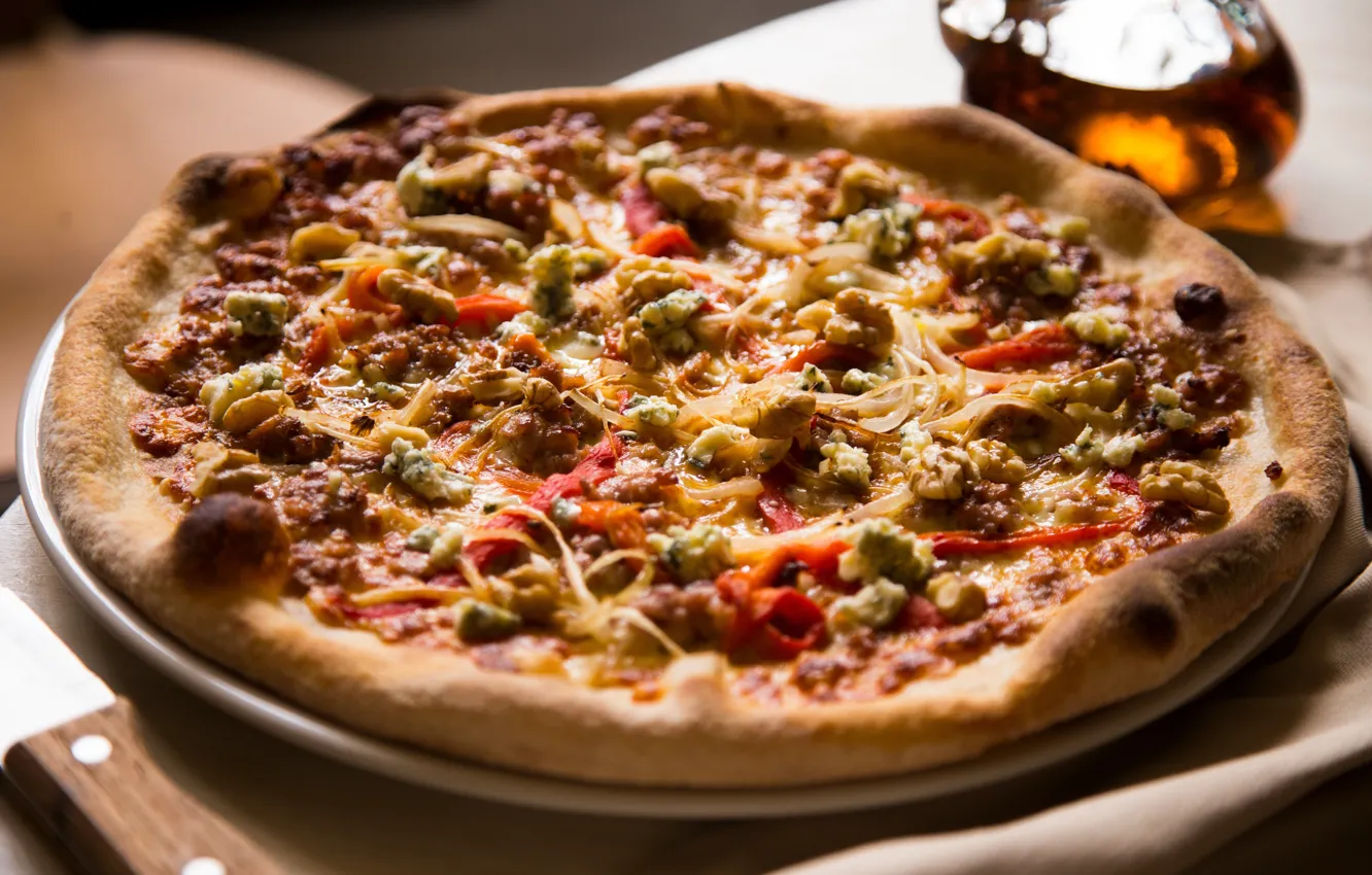 Photo wallpaper food, cheese, bow, nuts, pizza, tomatoes, the dough