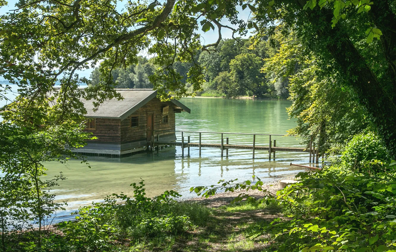 Photo wallpaper forest, trees, river, shore, Germany, Bayern, house, the bushes