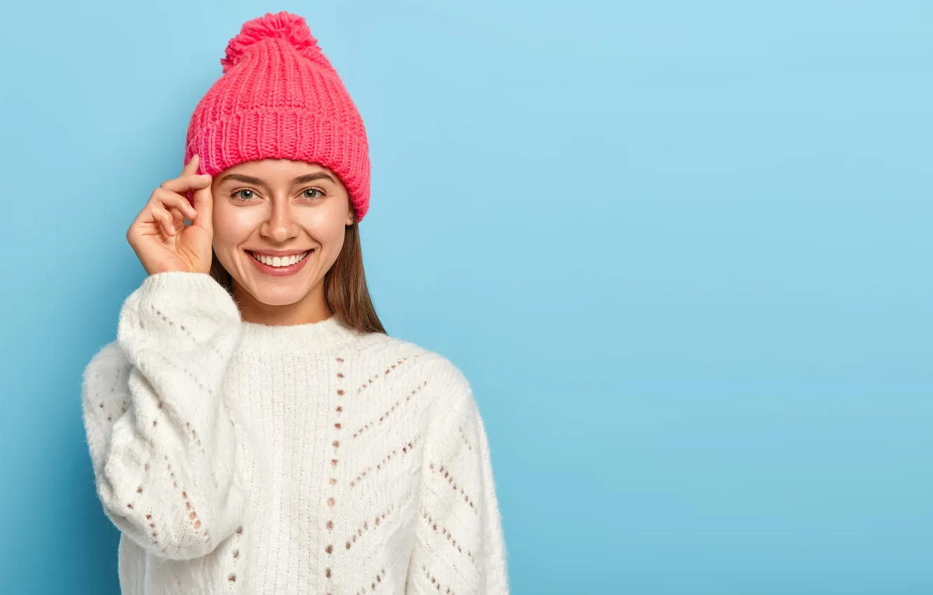 Photo wallpaper girl, beautiful, cute, sweater, knitted hat