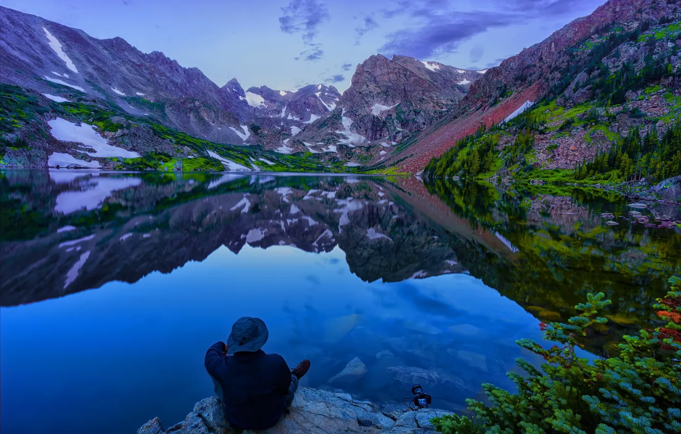 Photo wallpaper mountains, branches, nature, lake, reflection, hills, shore, tops