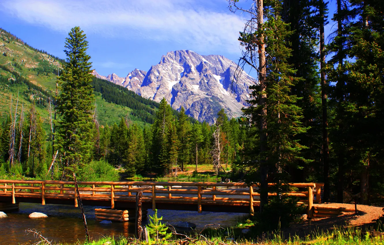 Photo wallpaper autumn, the sky, trees, mountains, bridge, river, Wyoming, USA