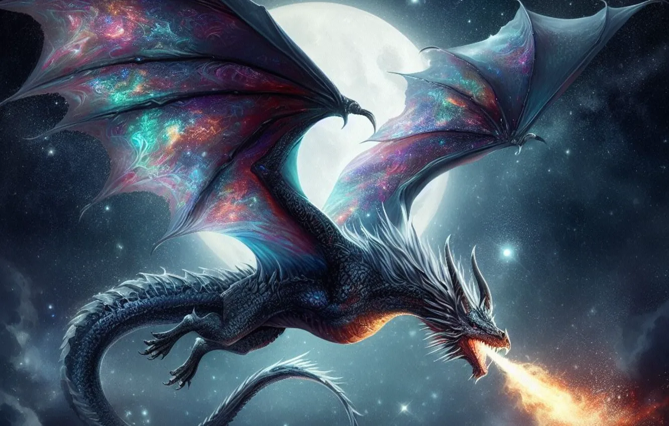 Photo wallpaper the sky, space, stars, flight, night, flame, the moon, dragon