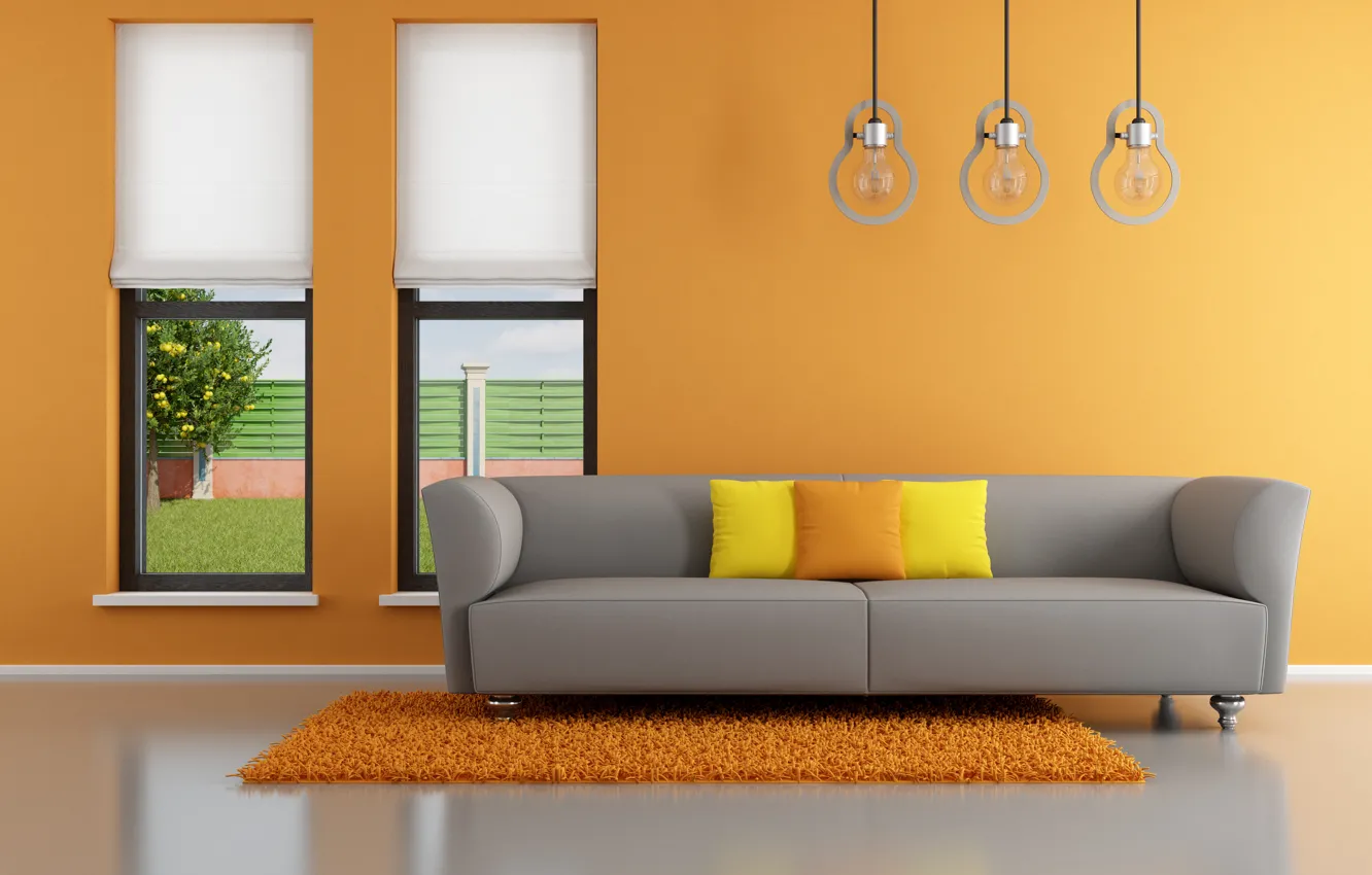 Photo wallpaper orange, sofa, interior, pillow, window, orange, living room, window