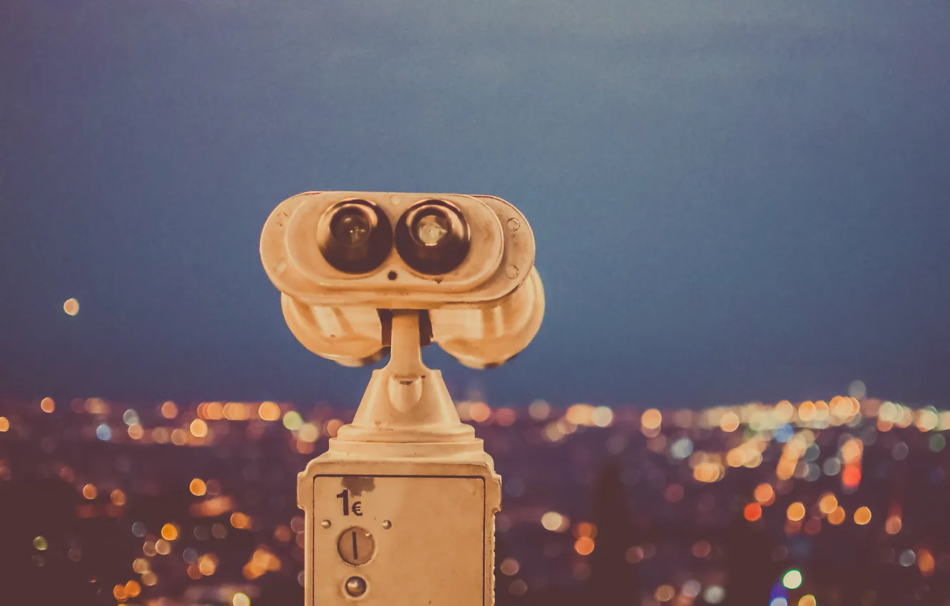 Photo wallpaper night, lights, Spain, telescope, Barcelona, bokeh