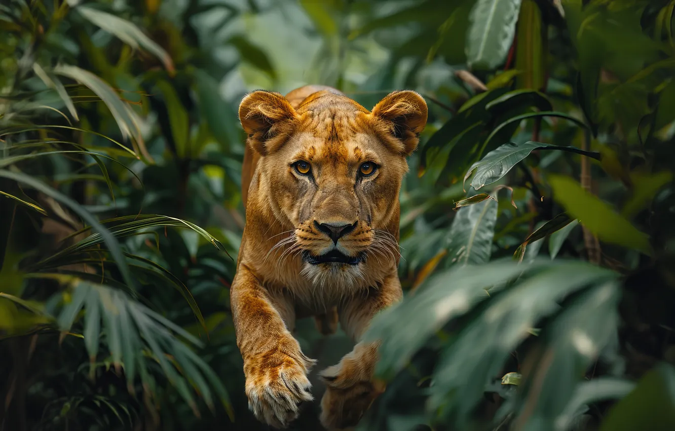Photo wallpaper look, face, leaves, running, lioness, big cat, predator, digital art