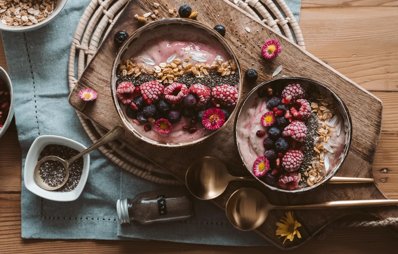 Photo wallpaper flowers, berries, raspberry, table, food, towel, Breakfast, petals