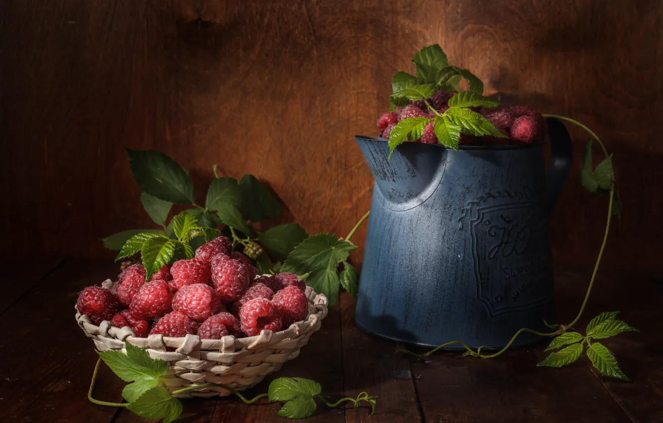 Photo wallpaper berries, raspberry, lake, still life