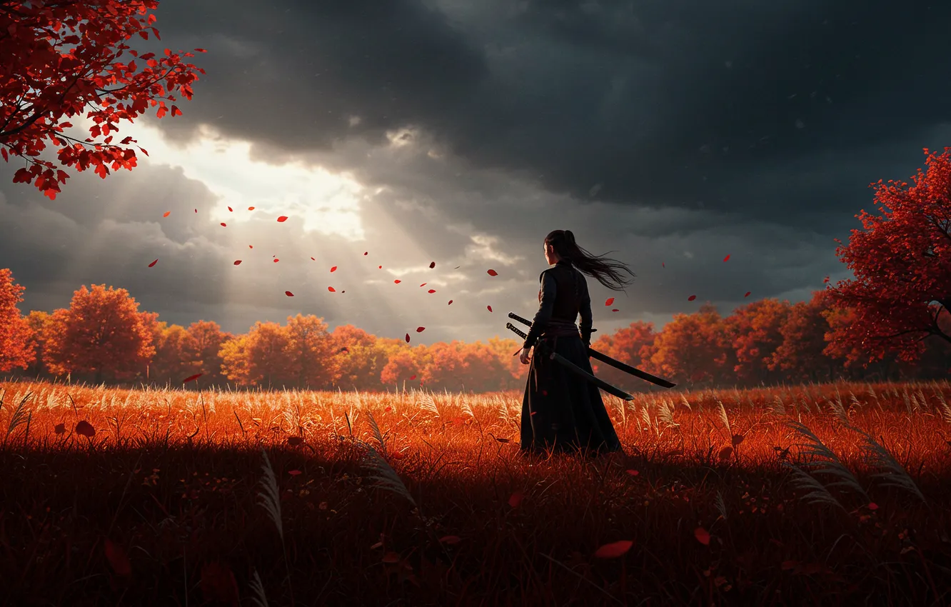 Photo wallpaper the sky, girl, clouds, trees, Wallpaper, figure, warrior, art