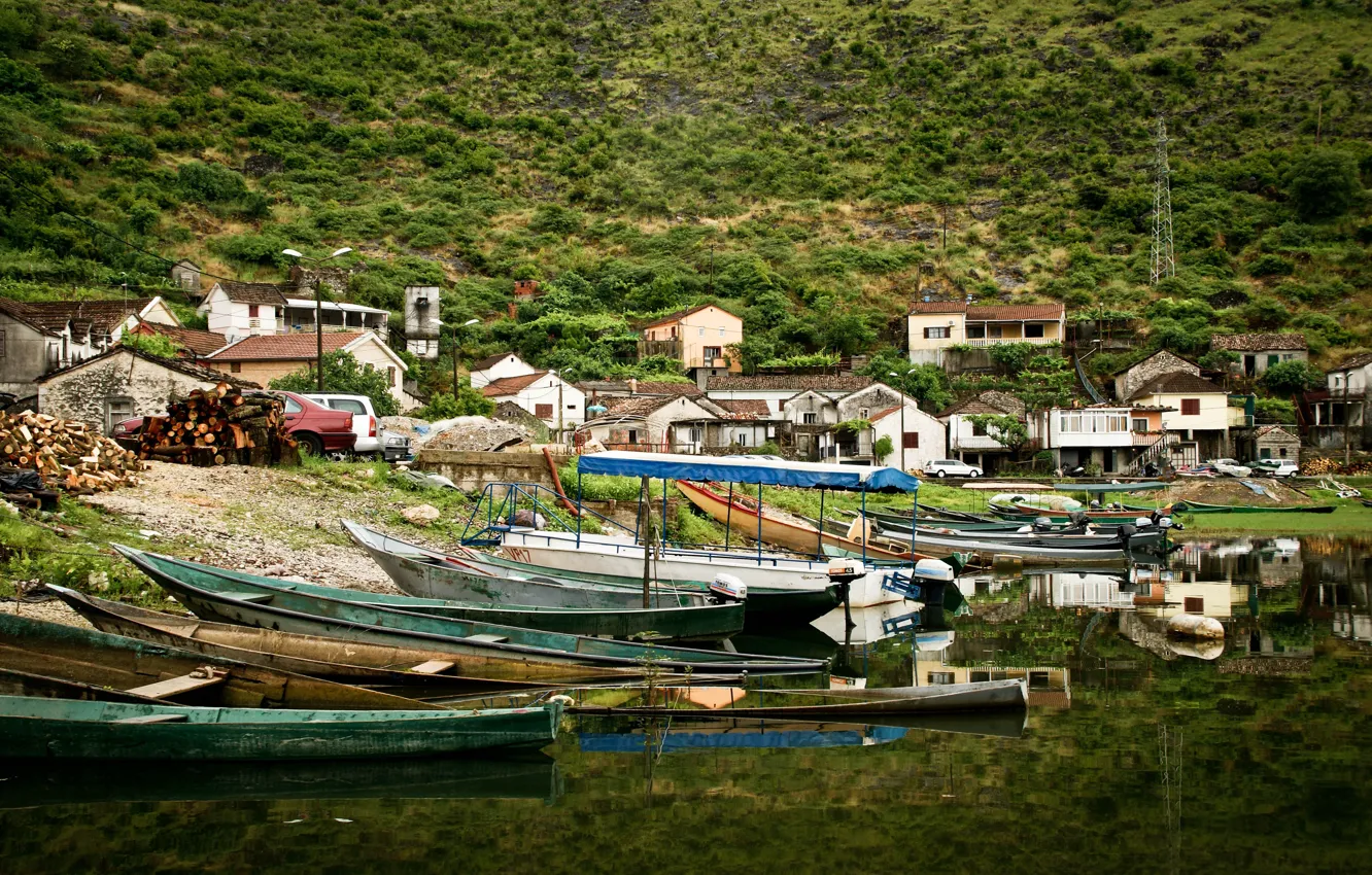 Photo wallpaper landscape, mountains, nature, boats, beautiful, Montenegro, montenegro, Skadar lake