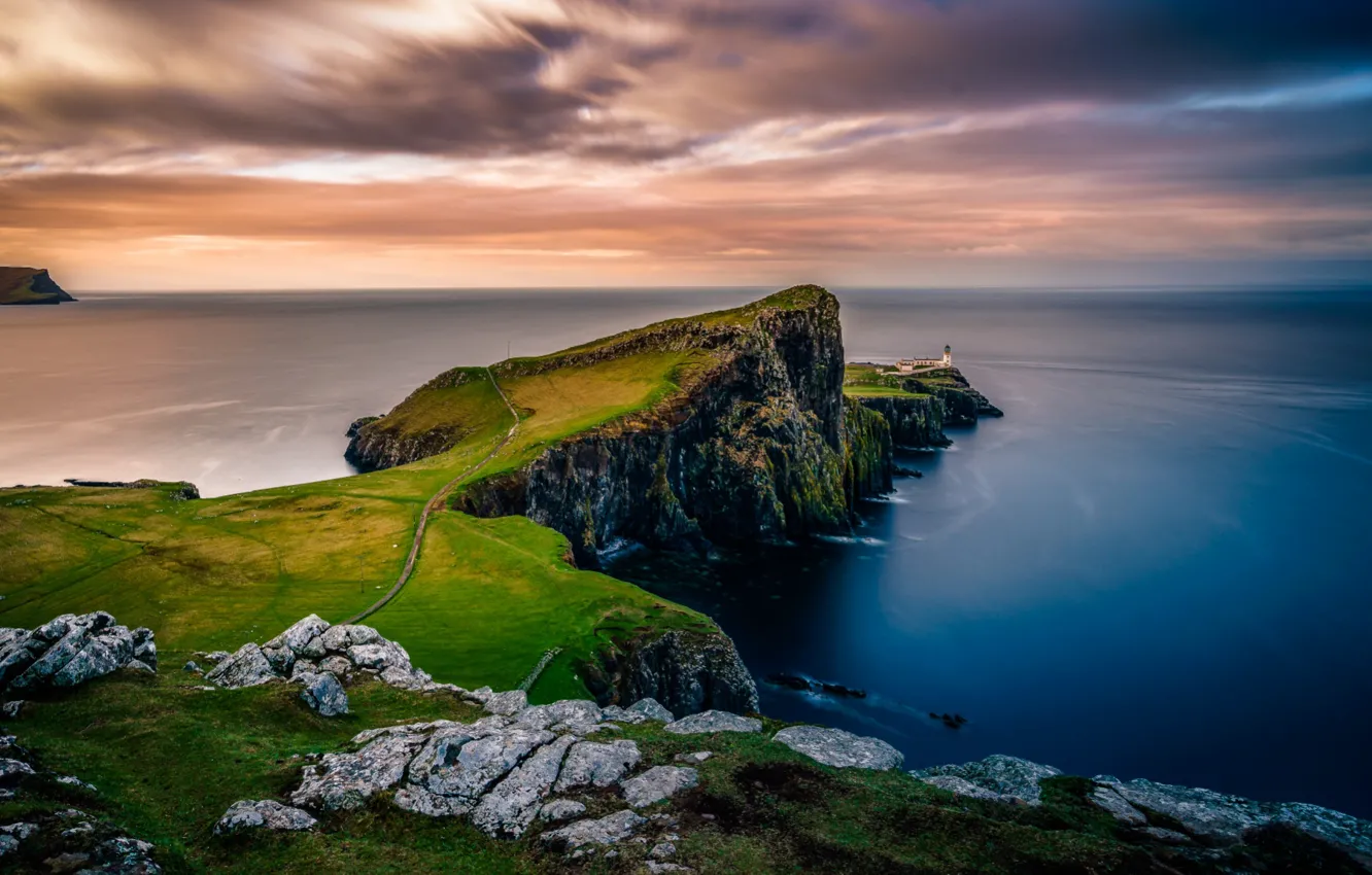 Photo wallpaper sea, landscape, nature, rocks, lighthouse, island, Scotland, Skye